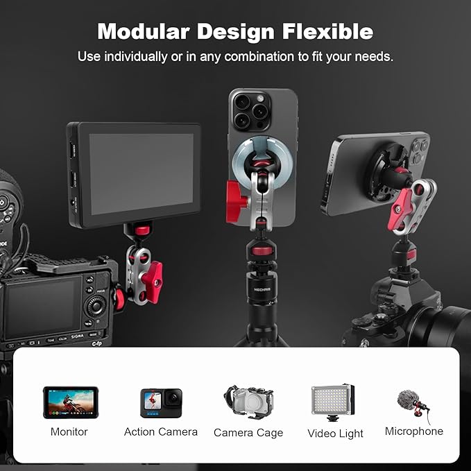 cametv Dual Magnetic Phone Holder with Dual Ball Head Magic Arm, Aluminum Gym Magnetic Phone Stand for Car/Gym/Tripod/Travel, Modular Car Phone Mount for iPhone Series/Magsafe Case (SY034)