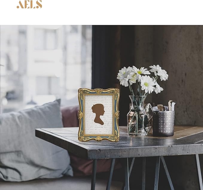 AELS 5x7/8x10 Inch Vintage Picture Frame, Elegant Antique Photo Frames with Glass Front, Photo Display, Tabletop Wall Hanging, Gift Ideas, Gold (Gold and Blue, 5x7)