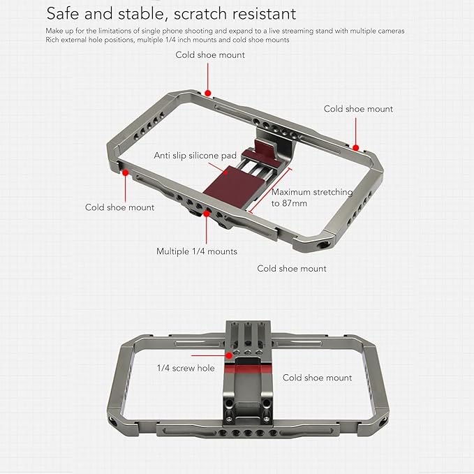 Smartphone Video Rig Camera Cage, Handheld Phone Video Stabilizer with Adjustable Bracket and Multi Mounts for Vlogging, Fill Light Microphone Support, Aluminum Alloy Stabilizer Ri