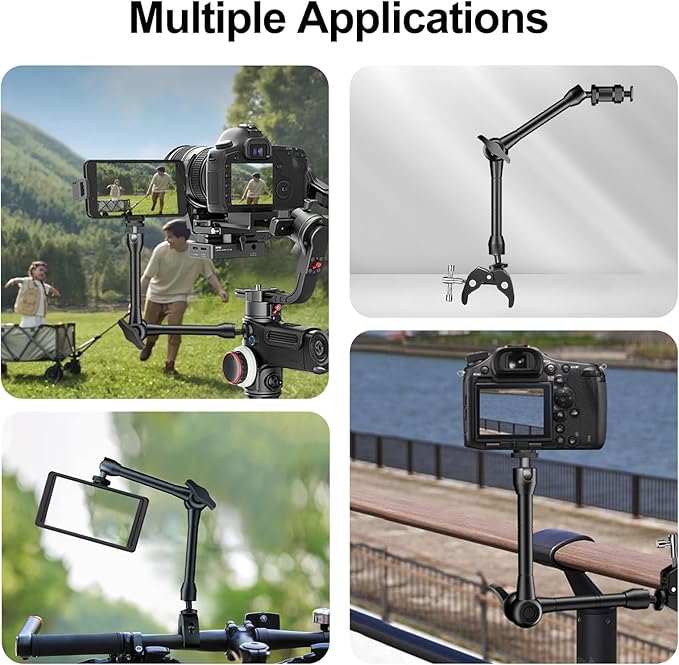 Magic Arm with Super Clamp Kit, 9.8" Adjustable Magic Arm Camera Mount with 1/4" & 3/8" Threads, 360° Rotation Adjustment for Monitor Flash LED Light Microphone Camera Cage Action Cam