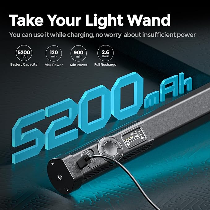 PHOTOOLEX RGB Tube Light, 5200mAh Magnetic Handheld Light Stick, 360°Full Color LED Video Lighting Wand, 2500K-9900K, 21 Scenes, CRI 96+, for Studio Photography Vlog Recording Streaming