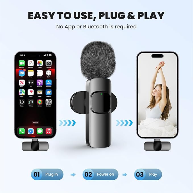 Wireless Lavalier Microphone with Magnetic Clip, Mini Mic for iPhone Android, Active Noise Cancellation, Clip-on Microphone for TikTok, YouTube, Video Vlog, Interviews, Live Streaming