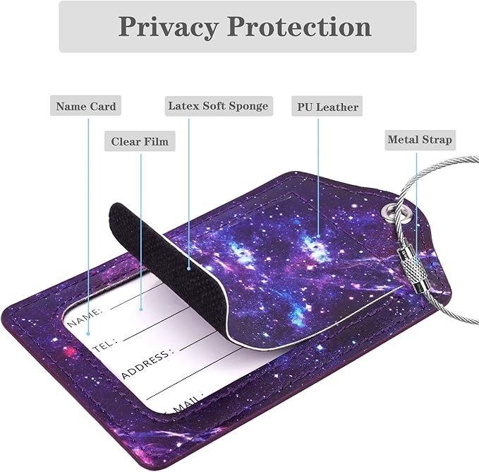 (Set of 2) Luggage Tag Leather Privacy Cover ID Label Address Card with Stainless Steel Loop, Travel Bag Tags Suitcase Labels, Nebula