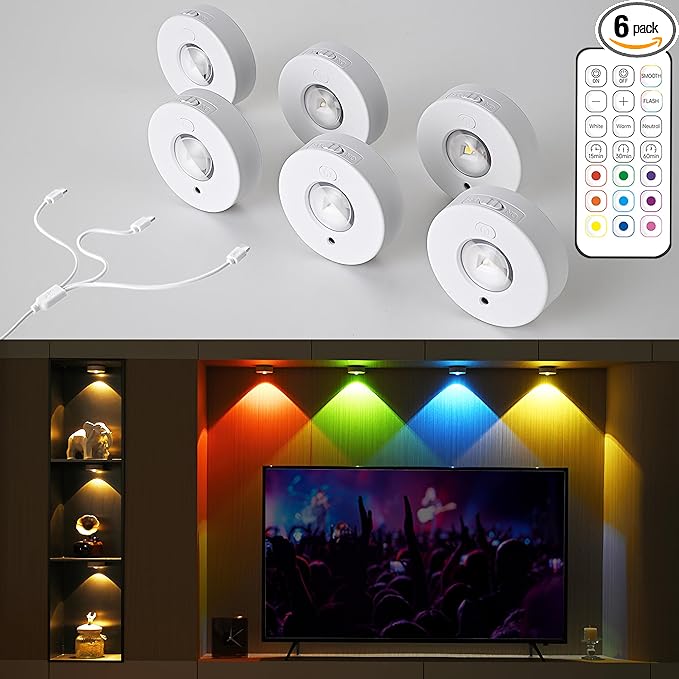 Under Cabinet Lighting Rechargeable Battery Operated Puck Lights with Remote, 3 Color Temps &12 RGB LED Night Light, Magnetic Stick on Light, Dimmable Under Counter Lights for Kitchen