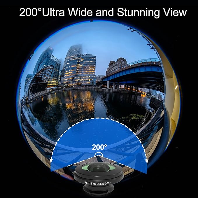 200°Fisheye Lens with 17mm Thread Universal Phone Lens Clip for iPhone and Android Smartphones, Suitable for VR Live Streaming & Architectural Photography