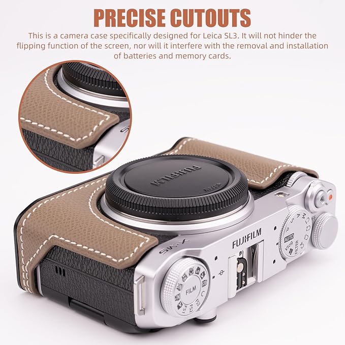 Uchandmade Handmade Genuine Leather Camera Half Case for Fujifilm X-M5/Fujifilm X-M5 Camera Case/Fujifilm X-M5 Case - Top Layer Cowhide Body + Metal Base Plate (Etoupe Gray)