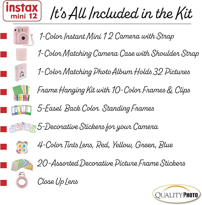 Fujifilm Instax Mini 12 Instant Camera with Case, Decoration Stickers, Frames, Photo Album and More Accessory kit (Blossom Pink)…