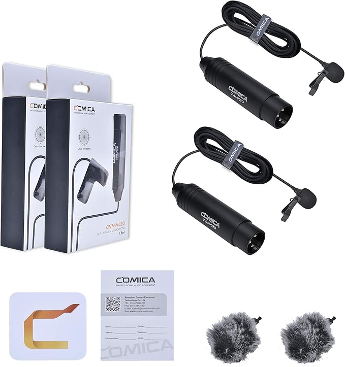 COMICA XLR 48V Phantom Power Lavalier Microphone,CVM-V02O 5.9fts Omni-Directional Lapel Mic for Canon Sony Panasonic Camcorders Zoom H4n H5 H6n Tascam DR-40 DR-60D/70D DR-100 Recorders 2 Pack