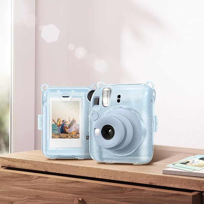 Fintie Protective Clear Case for Fujifilm Instax Mini 12 Instant Camera - Crystal Hard Shell Cover with Upgraded Film Pocket for Storing Photos & Removable Shoulder Strap
