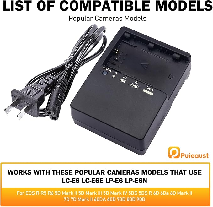 LP-E6 Charger for Canon LC-E6 LC-E6E LC-E6N LP-E6NH Battery EOS 90D 80D 70D 60D 60DA / 7D 6D 5D Mark II 5D Mark III 6D 5D Mark IV / 5Ds 5DSR EOSR1 R5 R5C R6 R7 / R5 R6 Mark II Cameras Power
