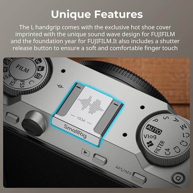 SMALLRIG X-M5 Wooden Handgrip L-Shape Grip for FUJIFILM X-M5, Built-in Quick Release Plate for Arca, Ergonomic Wood Side Handle, Include Windshield with Cold Shoe Adapter,Plate for Arca (Silver)-5261