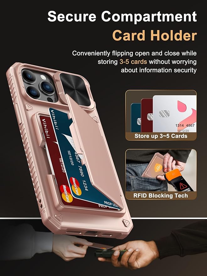 Vihibii for iPhone 13 Pro Max/iPhone 12 Pro Max Case with Card Holder (4 Cards), [RFID Blocking] & Slide Lens Camera Cover, Military Grade Drop Protection, Heavy Duty Wallet Phone Case, Rose Gold