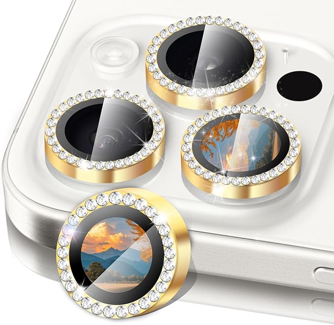 Bling Camera Lens Protector for iPhone 16 Pro/16 Pro Max,9H Tempered Glass HD Clear,Diamond Golden Aluminum Alloy Ring,Scratch Resistant(Diamond Golden)