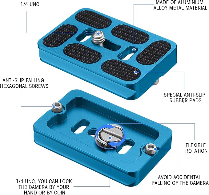 Frienda 2 Pieces Metal Quick Release Plate with 1/4''-20 Camera Screw Tripod Mount Plate Fits Standard for DSLR Camera Tripod Ball Head(Blue,Pu60)