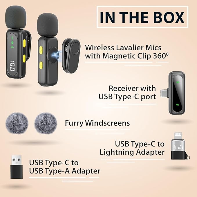 PowerDeWise Wireless Lavalier Microphone for iPhone, Android, DSLR – Dual Clip-on Mics with Magnetic Clip, Plug & Play, Noise Reduction