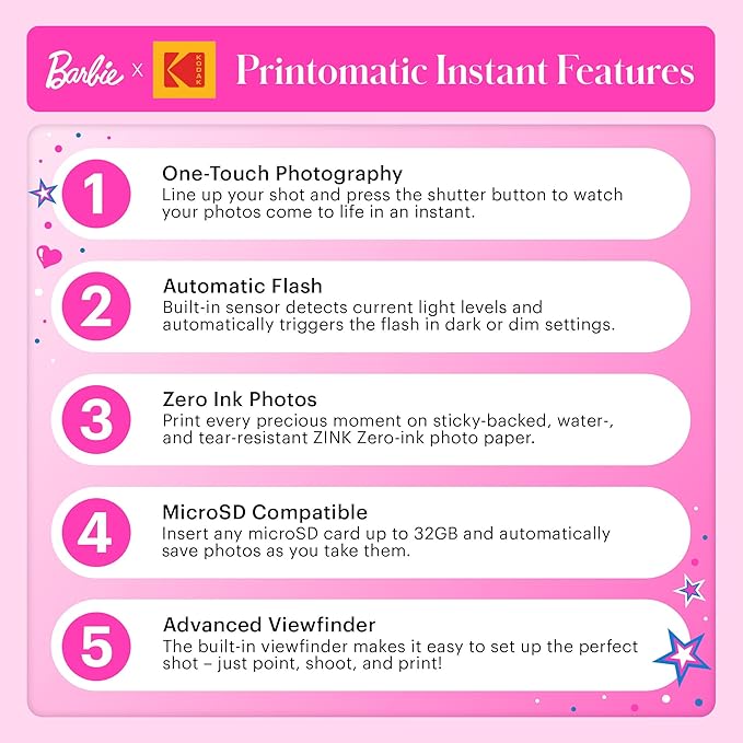 Barbie x Kodak Printomatic Full-Color Instant Print Digital Camera – 5MP Portable Barbie Camera Prints Colorful 2x3” Sticky-Back Photos – Signature Style