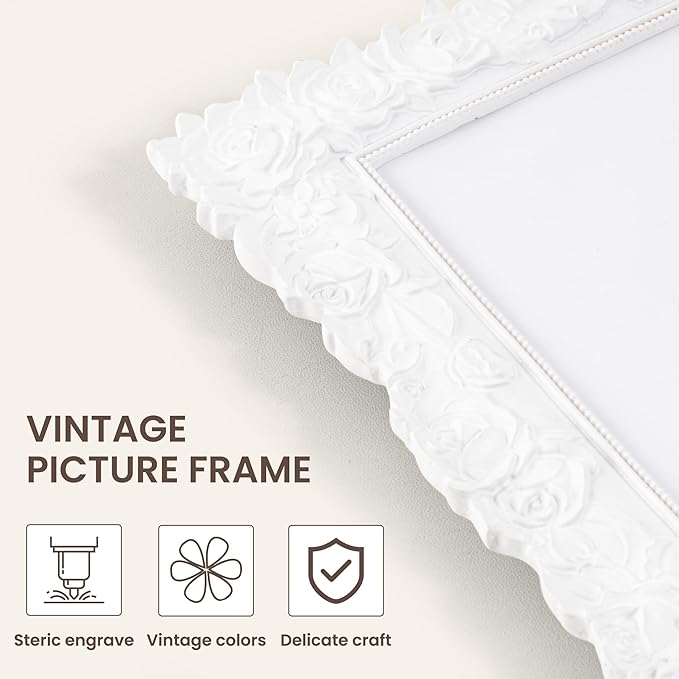 Axeman 11x14 Vintage Picture Frame | Antique 11 x 14 Photo Frame with Real Glass | Ornate Rose Frame 11x14 for Wall Mount | Retro White 11 x 14 Picture Frame - White