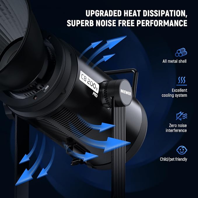 NEEWER 210W COB LED Video Light with 2.4G/APP Control, 2700K-6500K Bi Color Continuous Output Lighting Studio Photography Recording with Bowens Mount, 90000lux/1m, CRI/TLCI97+, GM ±50, CB200B PRO