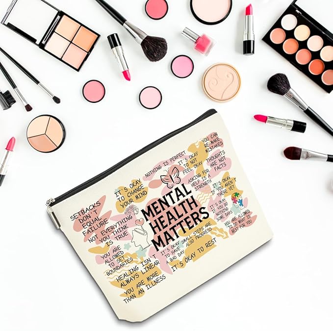 2PCS Mental Health Gifts Makeup Bag, Positive Affirmations Mental Health Awareness Inspirational Gifts for Women Friend Coworker Birthday Friendship Mothers Day Travel Toiletry Cosmetic Bag