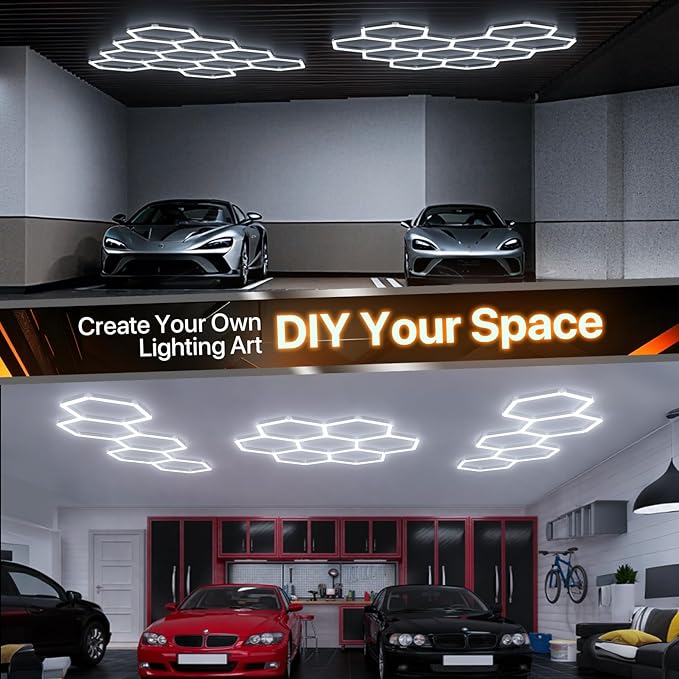 Hexagon Garage Lights: 168W 5 Grids Hexagon Led Lights, 6500K Ultra Bright Hex Light, Honeycomb Light for Garage, Shop, Basement, Barber, Homegym
