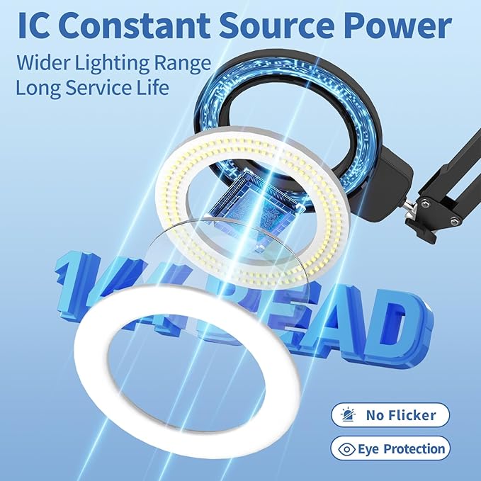 HITTI 12X Long Magnifying Glass with Light, 2026 Upgrade Infinite Color and Brightness LED Desk Lamp with Clamp, Hands Free Magnifier Light and Stand for Workbench Crafts Reading Painting - Blue
