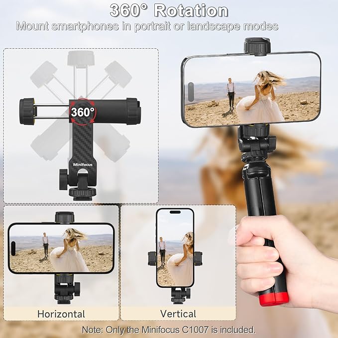 Phone Tripod Mount, Universal Tripod Phone Holder with 2 Cold Shoe and 1/4" Screw, 360° Rotates and 180° Tilts Adjustable Cell Phone Mount Adapter, Camera Phone Clamp for iPhone & All Phones