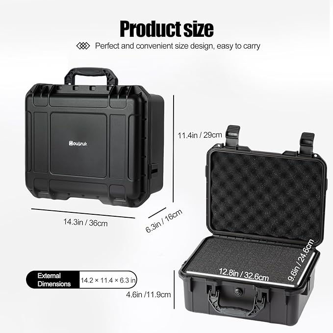 Moubruk small Hard case Waterproof Hard Case with DIY Customizable Foam Insert Portable Protective for Camera Drones Equipments Tools Test Instruments 14.2''x11.4''x6.3''