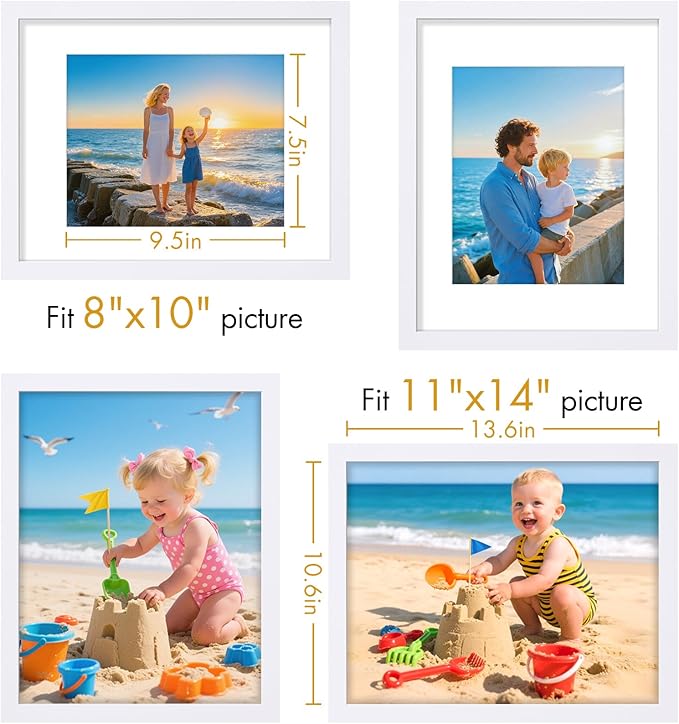 Vittanly 11x14 Picture Frame, Made of Solid Wood and Shatterproof Plexiglass, Display Pictures 8x10 with Mat or 8x10 without Mat, Wooden Photo Frame for Wall Mounting or Tabletop, White, 1 Pack