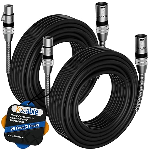 XLR Microphone Cables (25FT, 2-Pack), XLR Male to Female Balanced Mic Cable, 3-Pin Shielded Speaker Cord, Zinc Alloy Connectors, Premium 22AWG Pure Copper, Metal Spring SR, Recording Studio, Podcast