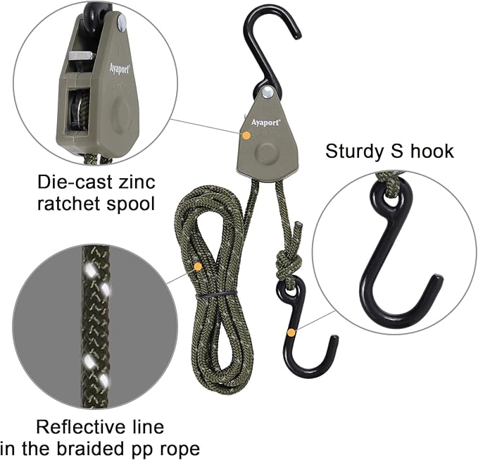 Ayaport Kayak Rope Tie Down 6ft Olive Drab Ratchet Straps Bow and Stern Ratcheting Tie Downs Rope Hanger Kayak and Canoe Accessories
