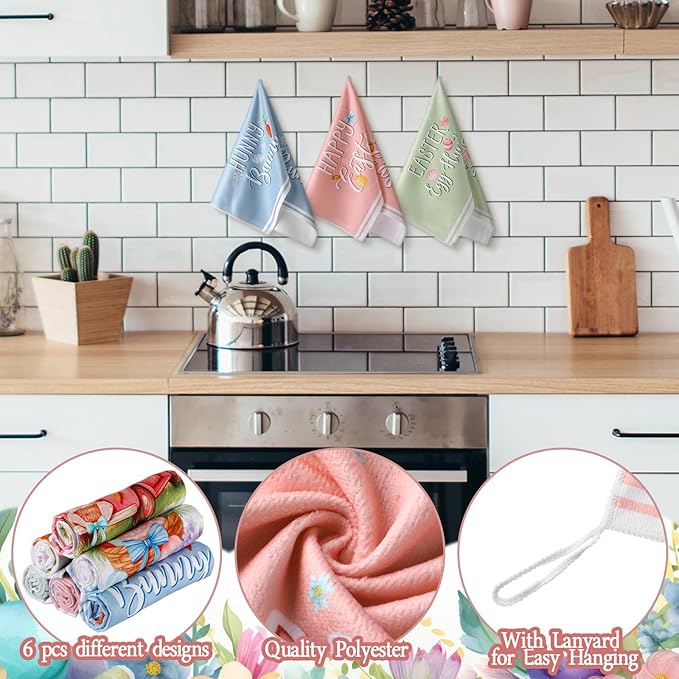 Preboun 6 Pcs Easter Kitchen Towels Cute Bunny Eggs Dish Hand Towels Macaron Happy Easter Themed Dish Cloth House Decorative Farmhouse Tea Cloth Absorbent for Home Kitchen Bathroom Decor