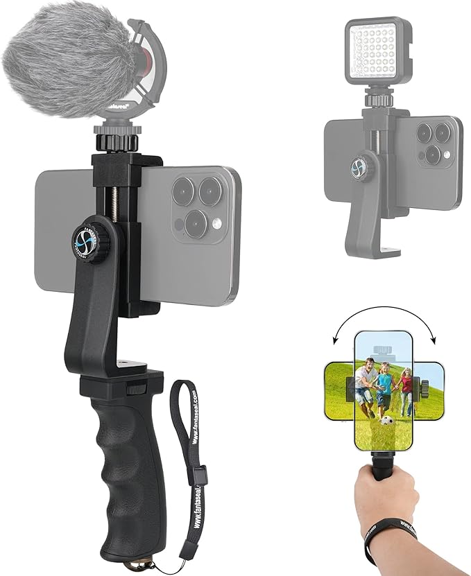 Ergonomic Anti-Falling Cell Phone Vlogging Hand Grip Stabilizer Smartphone Holder Rig Mount Video Kit w/Safety Strap Portable Selfie Stick for iPhone Samsung (Landscape+Portrait)-Mic/Light Adapter