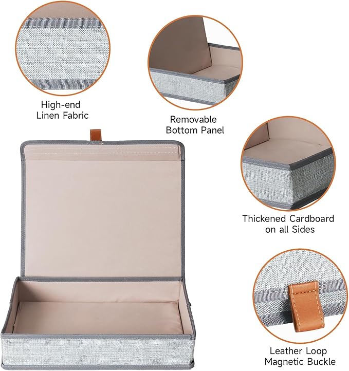 ORGMASTER Photo Storage Boxes with Lids, Memory Box for Keepsakes, Picture Organizer Versatile Linen Containers Basket Collapsible Bin for Organizing Home Office, 2 Pack, 14x10.8x2.5 Inch, Gray