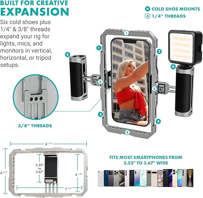 Movo iFilmer-PRO Smartphone Video Rig Kit – Stabilizer Cage with Dual Grips, Wireless Lavalier Microphones & Full Sized Tripod for iPhone/Android