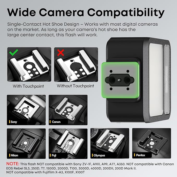 XIAOTJ Camera Mini Flash Speedlite w Video Light, 800+ Flashes/GN8 6500K/4 Power Levels w Single-Contact Hot Shoe, Camera Flash Compatible with Nikon/Canon/Sony zv1/zve10/Fujifilm, NOT for Sony ZV-1F