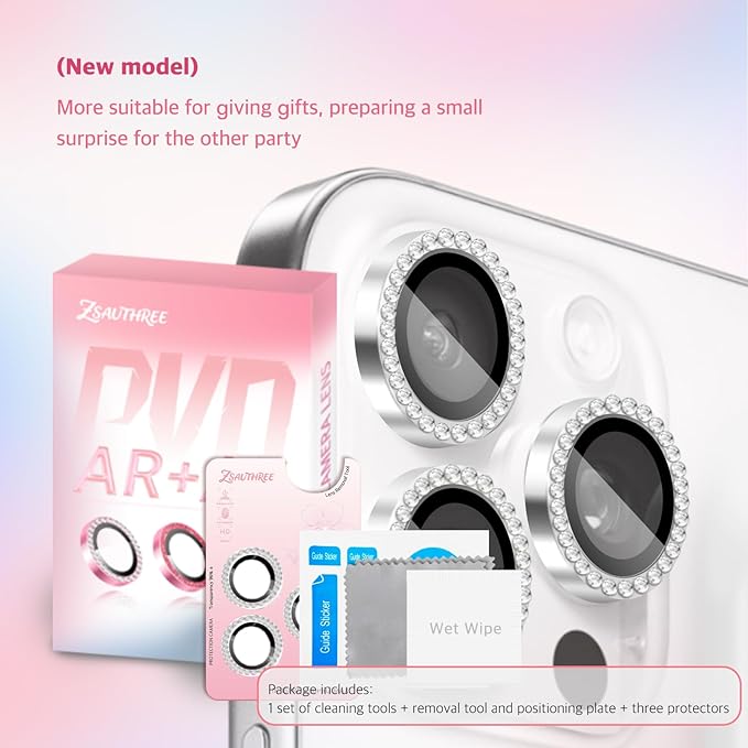 Camera Lens Protector Bling Compatible for iPhone 16 Pro/iPhone 16 Pro Max,9H Tempered Glass Camera Cover Screen Protector,HD Clear,Aluminum Alloy Ring Decoration (Diamond Silver)