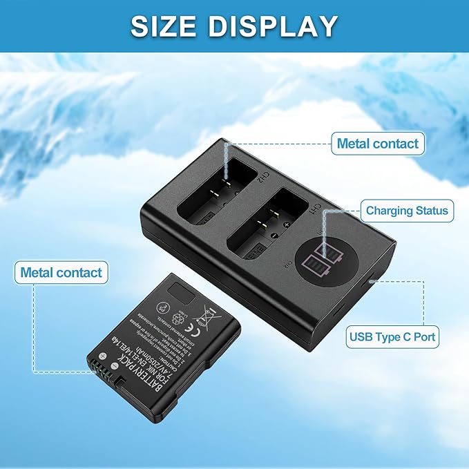 EN-EL14/EN-EL14a Battery Pack, 7.4V 2050mAh, with Dual Slot Fast USB Charger, for Nikon D5100 D3200 D5300 D3100 D5200 D3300 D5500 D3400 Df D3500 D5600 P7000 P7100 P7700 P7800 Digital Camera