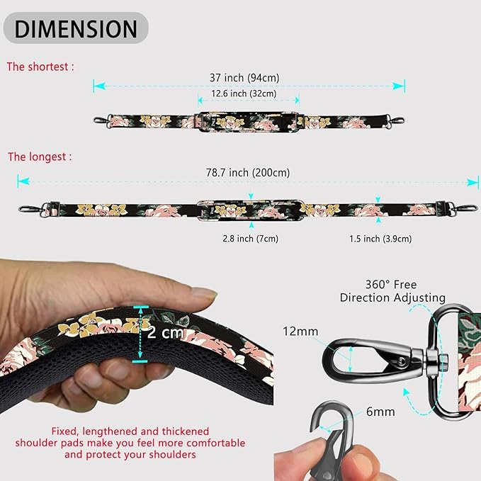 ZINZ 79 inch Shoulder Strap, Extra-thick Fixed Cushion Pad and Dual Clasps Universal Replacement Strap with Metal Swivel Hooks for Laptop Bags, Luggage Bags, Camera, Crossbody (200cm,Dark Rose)