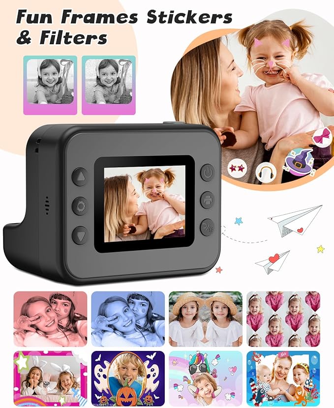 Instant Print Camera for Kids, 1080P Digital Video Cameras, Christmas Birthday Gifts Toys for Age 3-12, Toddler Camera for 4 5 6 7 8 9 10 Year Old Boys - Black