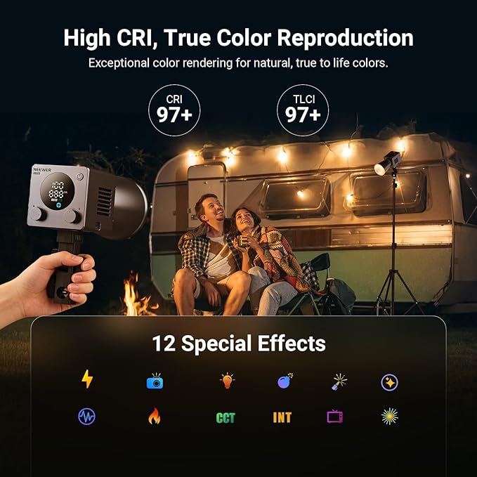 NEEWER 60W Mini LED Video Light with 50Wh Battery/100W PD Fast Charging, APP/2.4G Control/NFC, Bi Color Dimmable COB Studio Continuous Output Lighting 44,800 lux/1m 2700-6500K CRI97+ 12 Scenes, HB60B