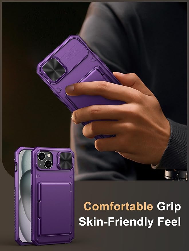 Vihibii for iPhone 15 Plus/iPhone 14 Plus Wallet Case, Built-in Card Holder (4 Cards), [RFID Blocking] & Slide Camera Cover, Military Grade Drop Protection, Rugged Hard Wallet Phone Case, Dark Purple