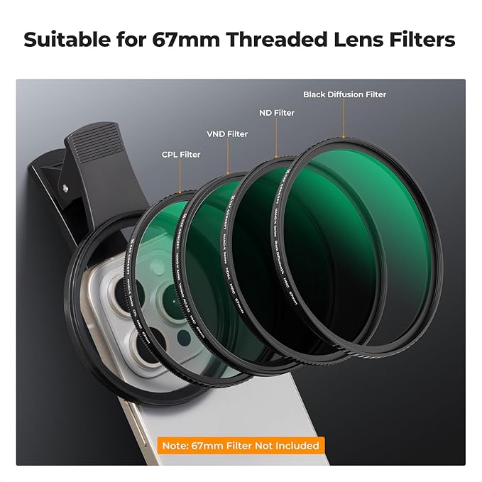 K&F Concept 67mm Thread Clip for Smart Phone, Large Caliber Phone Filter Adapter, Compatible for iPhone 16 15 Pro Max 14 13 12 11 Samsung Galaxy S22 S23 Ultra Galaxy S22 S24 Ultra(Filter Not Included)