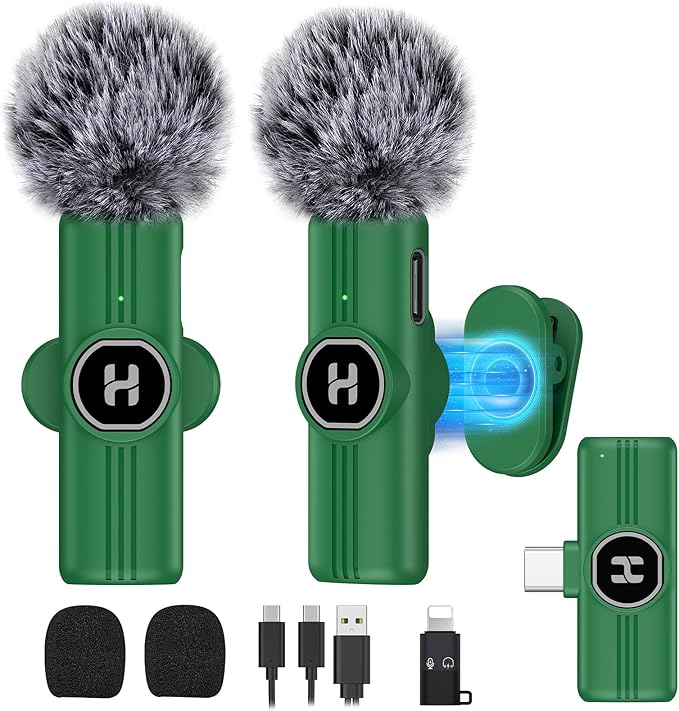 USB C Mini Wireless Lavalier Microphone for iPhone 15 16, iOS and Android Devices - Noise Reduction Lapel Mic for Recording, Clip Omni Lav Mic for Video Recording, Tiktok, Youtube, Vlog (Green)