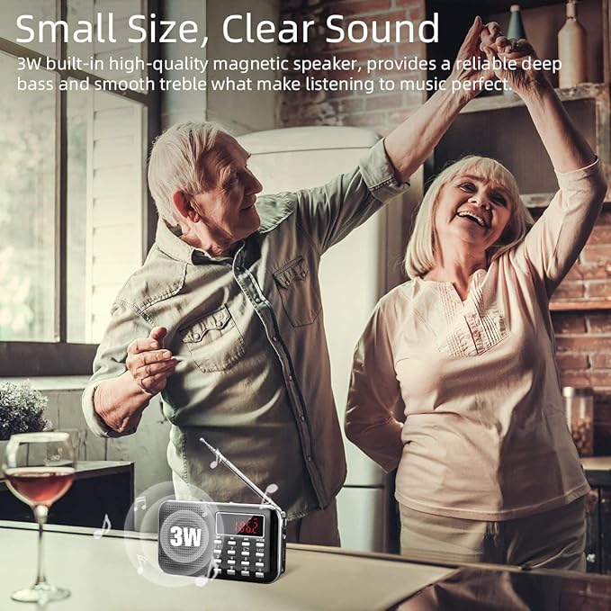 PRUNUS Mini Portable Radio AM FM Pocket Radio with MP3, LED Flashlight, Digital Radios Speaker Support Micro SD/TF Card/USB, Auto Scan Save, 1200mAh Rechargeable Battery Operated[Latest Version]
