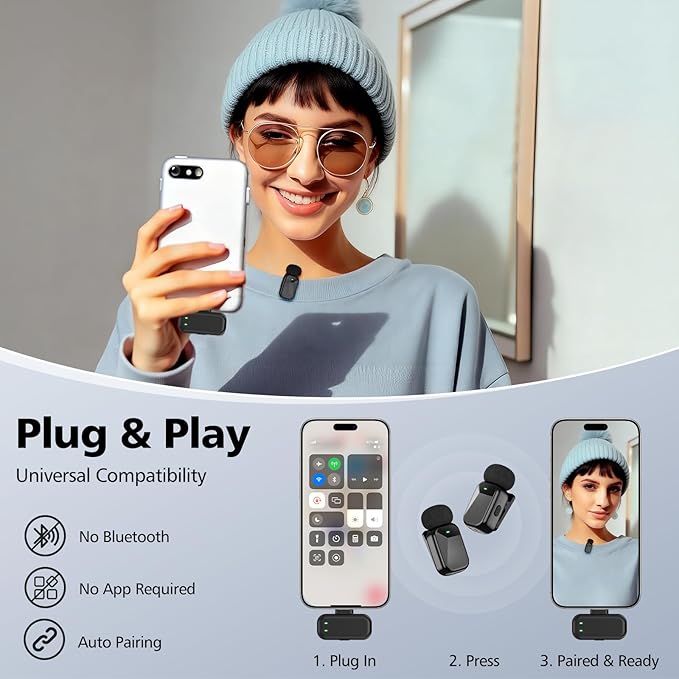 Mini Wireless Lavalier Microphones for iPhone 15/16/17 & Android, 30H Battery Life with Charging Case, Lapel Microphone Wireless for Video Recording Vlogging