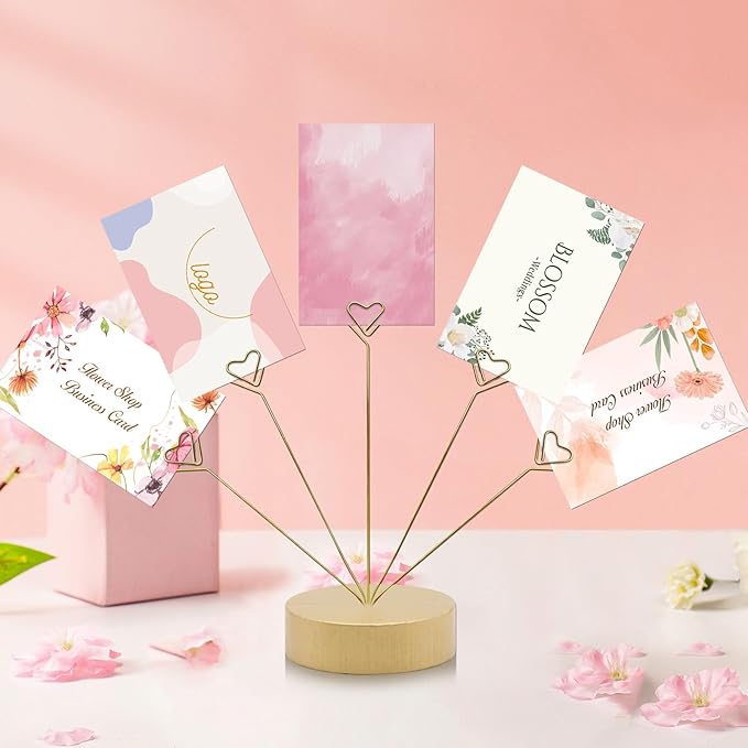 HINGTAI Heart-Shaped Photo Stand Contains Five Clips, Gold Tree Holder for Pictures Desk Photo Display Gift Tree Holder for Party, Round Base Suitable as a Gift for Holidays Weddings or Work