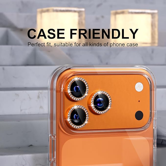 Choiche Compatible for iPhone 17 Pro/iPhone 17 Pro Max Camera Lens Protector Bling, 9H Tempered Glass Camera Cover Screen Protector Metal Ring Decoration Accessories (Diamond-Orange)