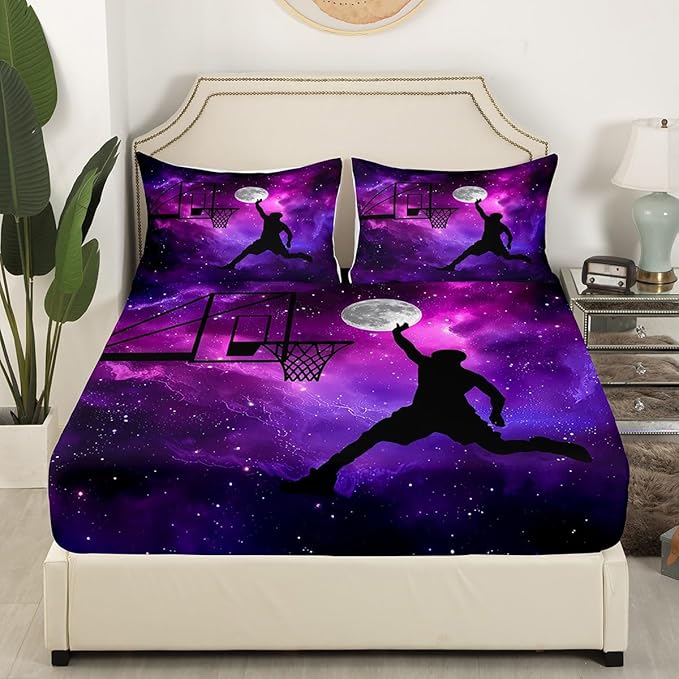 Galaxy Sheet Sets Boys Girls Basketball Flat Sheet Blue and Purple Starry Sky Bedding Universe Moon Print Sports Theme Basketball Bed Sheet, 1 Flat Sheet + 1 Fitted Sheet + 2 Pillowcases, Full Size