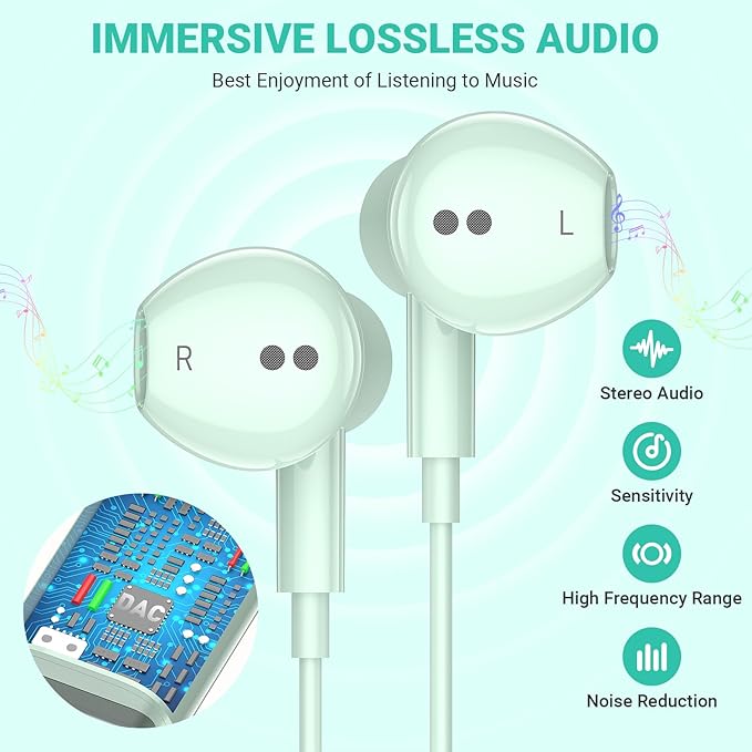 USB C Headphones for iPhone 17 Air 16 Pro Max 15, Type C Earphones with Microphone Magnet HiFi Stereo Wired Earbuds for Samsung Galaxy S26 S25 Ultra S24+ 23 A53 S21 S20 FE Flip 7 6 5/Pixel 10, Green