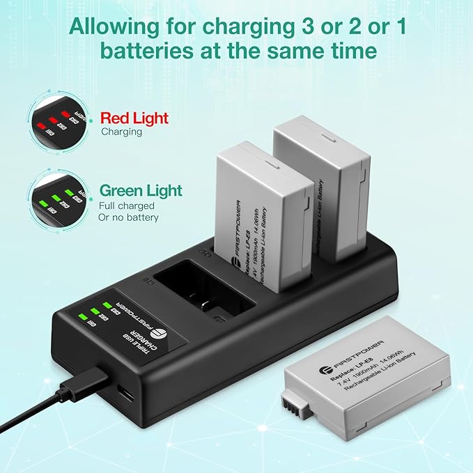 FirstPower LP-E8 Battery 3-Pack and Triple Slot Charger Compatible with Canon EOS Rebel T2i, T3i, T4i, T5i, 550D, 600D, 650D, 700D, Kiss X4, Kiss X5, Kiss X6 Digital Cameras